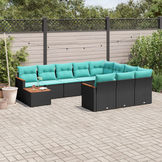 11-teiliges Gartensofa-Set mit Kissen, schwarzes Polyrattan