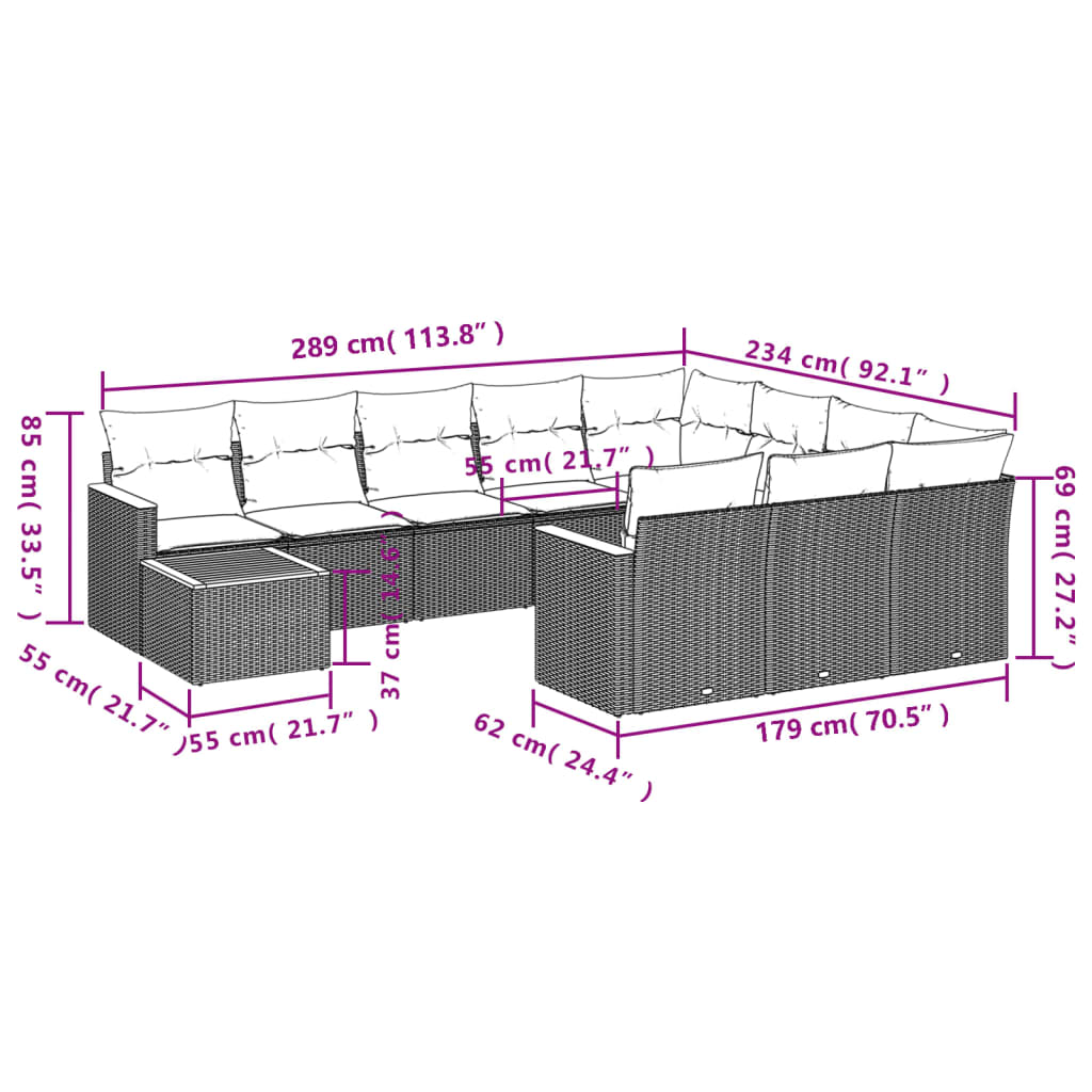 11-teiliges Gartensofa-Set mit Kissen, grau, Polyrattan