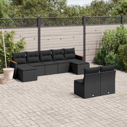 9-tlg. Garten-Sofagarnitur mit Kissen Schwarz Poly Rattan