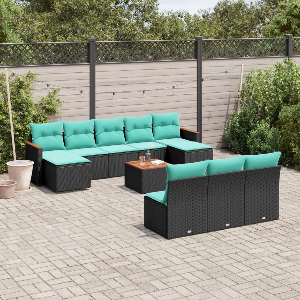 11-teiliges Gartensofa-Set mit Kissen, schwarzes Polyrattan