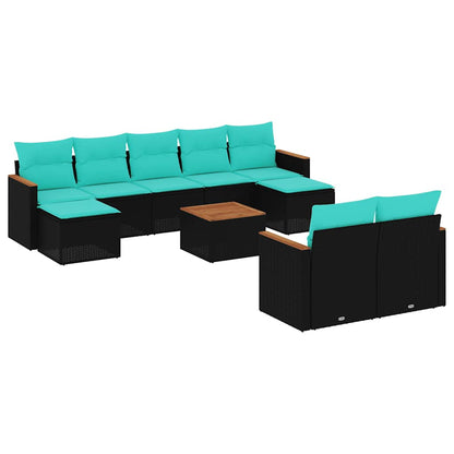 10-teiliges Gartensofa-Set mit Kissen, schwarzes Polyrattan