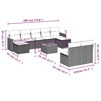 10-teiliges Gartensofa-Set mit Kissen, schwarzes Polyrattan