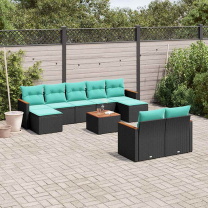 10-teiliges Gartensofa-Set mit Kissen, schwarzes Polyrattan