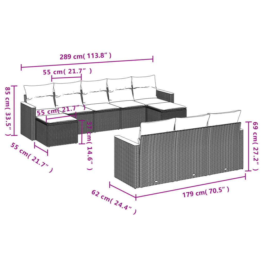 10-tlg. Garten-Sofagarnitur mit Kissen Beige-Mix Poly Rattan
