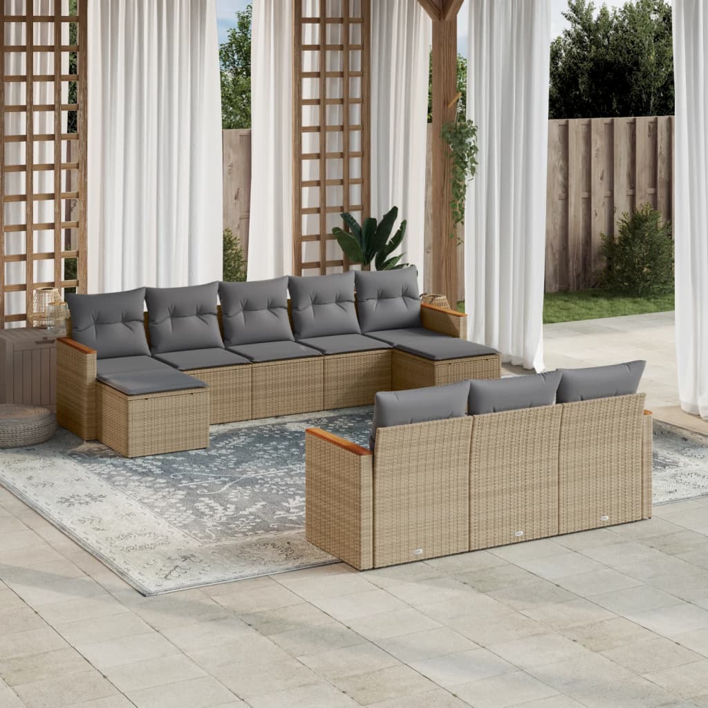 10-tlg. Garten-Sofagarnitur mit Kissen Beige-Mix Poly Rattan