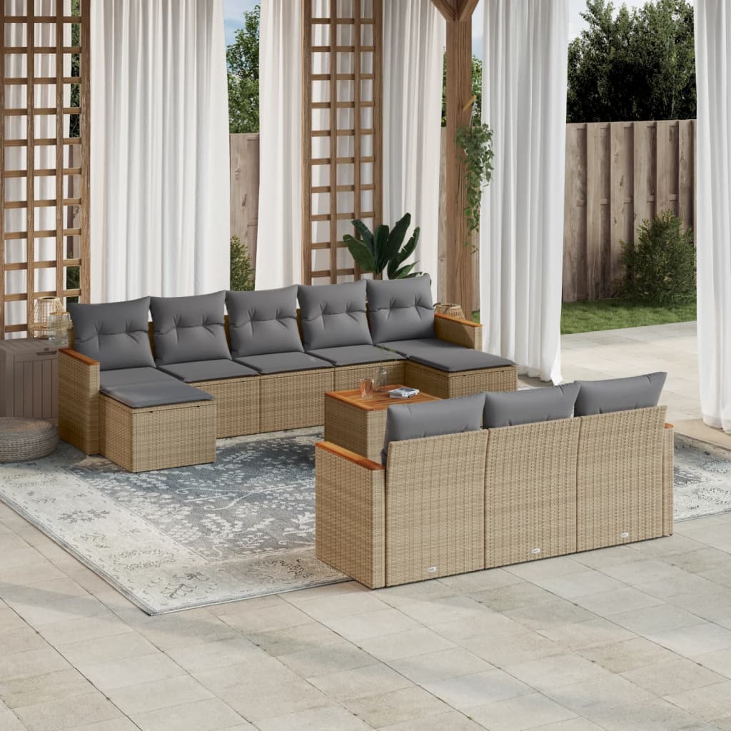 11-tlg. Garten-Sofagarnitur mit Kissen Beige-Mix Poly Rattan
