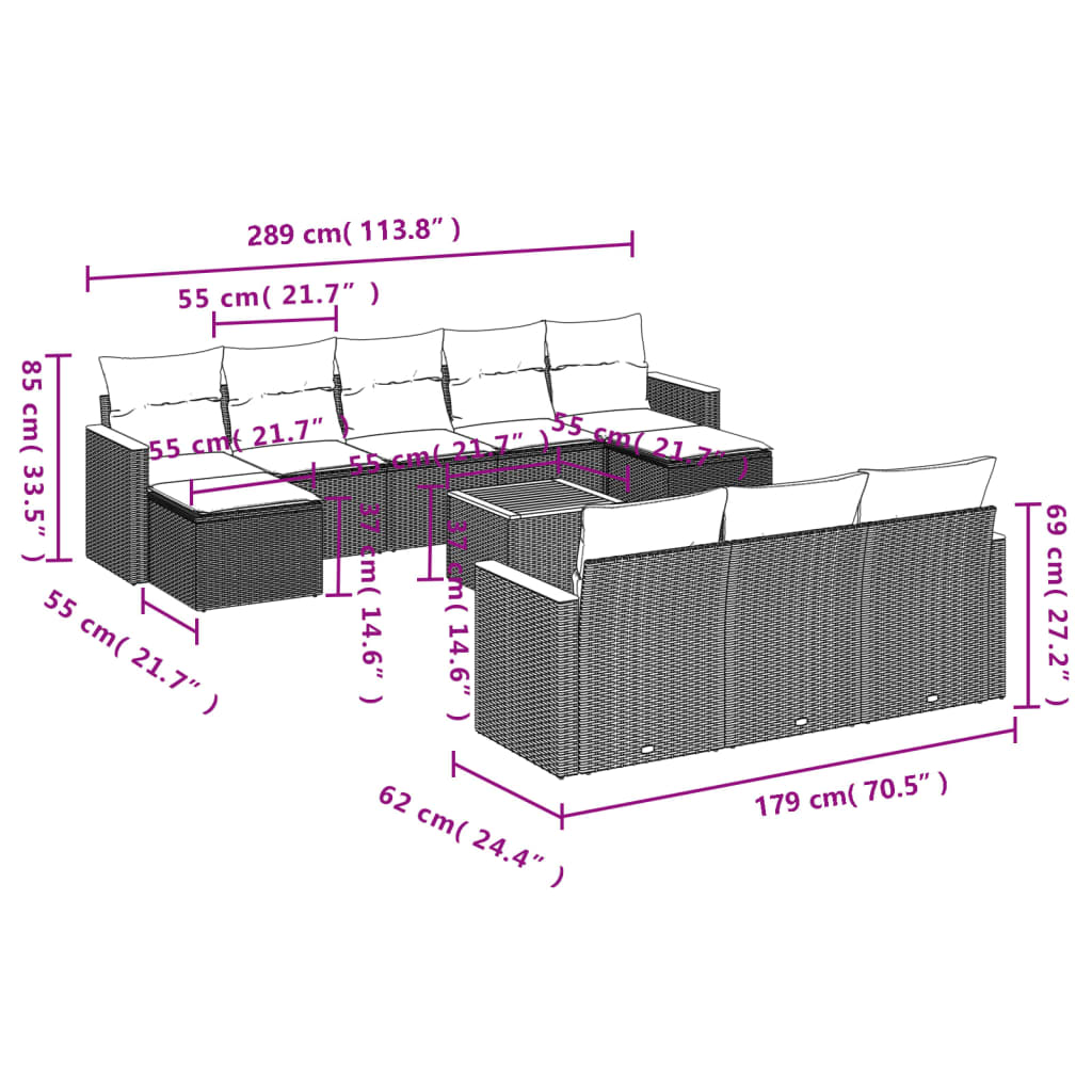 11-teiliges Gartensofa-Set mit Kissen, grau, Polyrattan