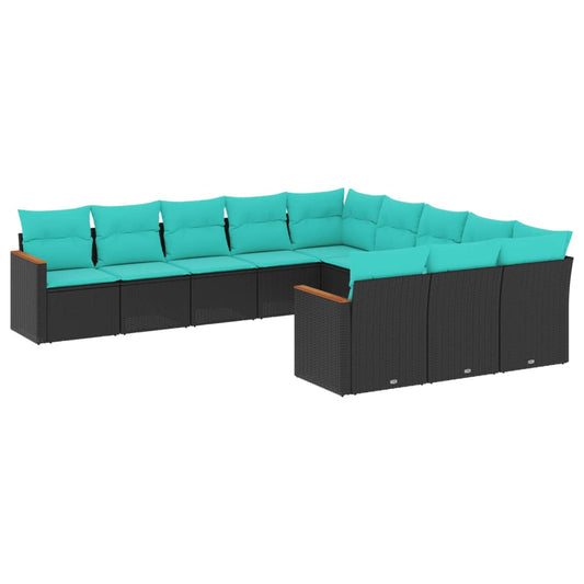 11-teiliges Gartensofa-Set mit Kissen, schwarzes Polyrattan