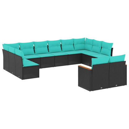 12-teiliges Gartensofa-Set mit Kissen, schwarzes Polyrattan
