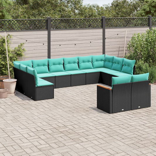 12-teiliges Gartensofa-Set mit Kissen, schwarzes Polyrattan