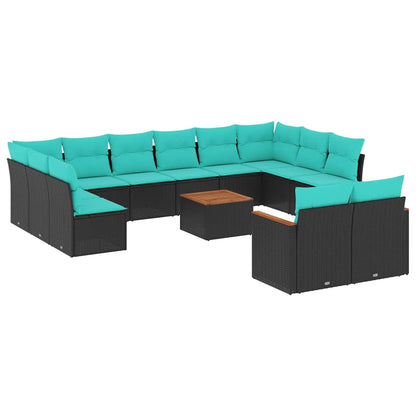 13-teiliges Gartensofa-Set mit Kissen, schwarzes Polyrattan