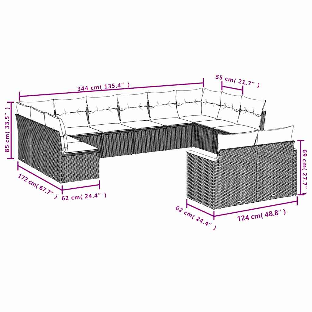 13-teiliges Gartensofa-Set mit Kissen, schwarzes Polyrattan
