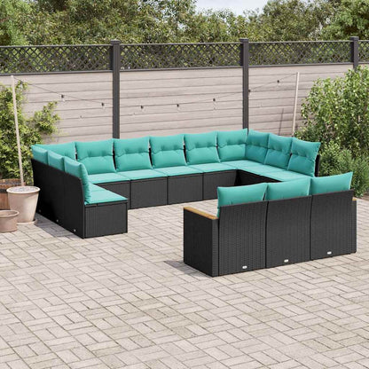 13-teiliges Gartensofa-Set mit Kissen, schwarzes Polyrattan