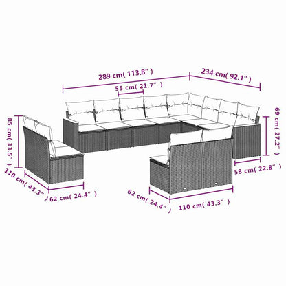 12-teiliges Gartensofa-Set mit Kissen, schwarzes Polyrattan