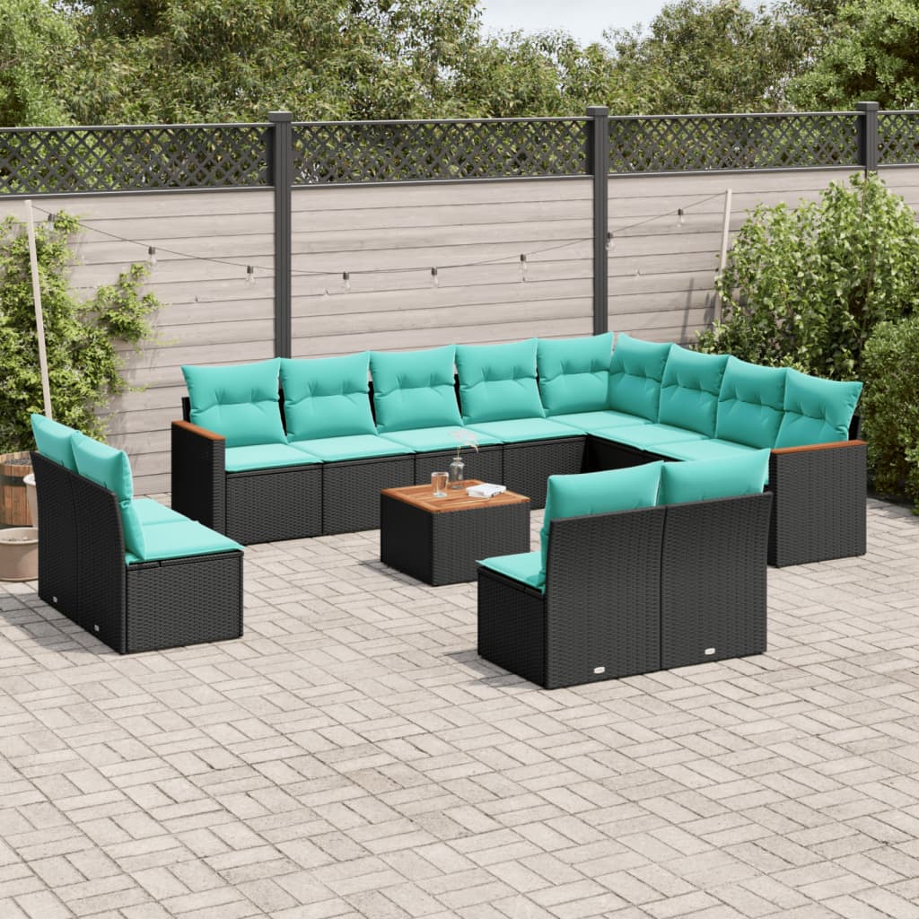 13-teiliges Gartensofa-Set mit Kissen, schwarzes Polyrattan