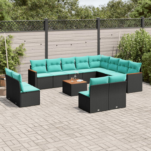 13-teiliges Gartensofa-Set mit Kissen, schwarzes Polyrattan