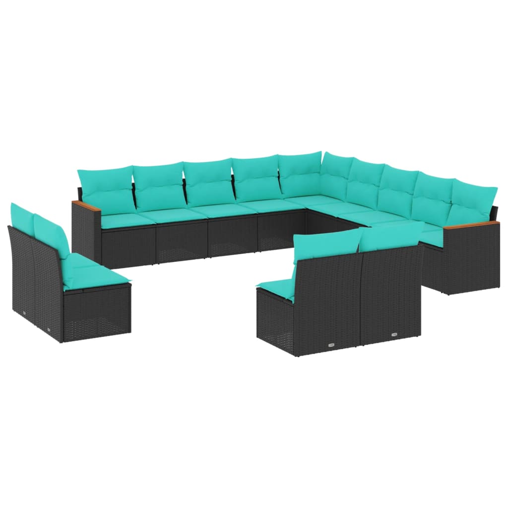 13-teiliges Gartensofa-Set mit Kissen, schwarzes Polyrattan