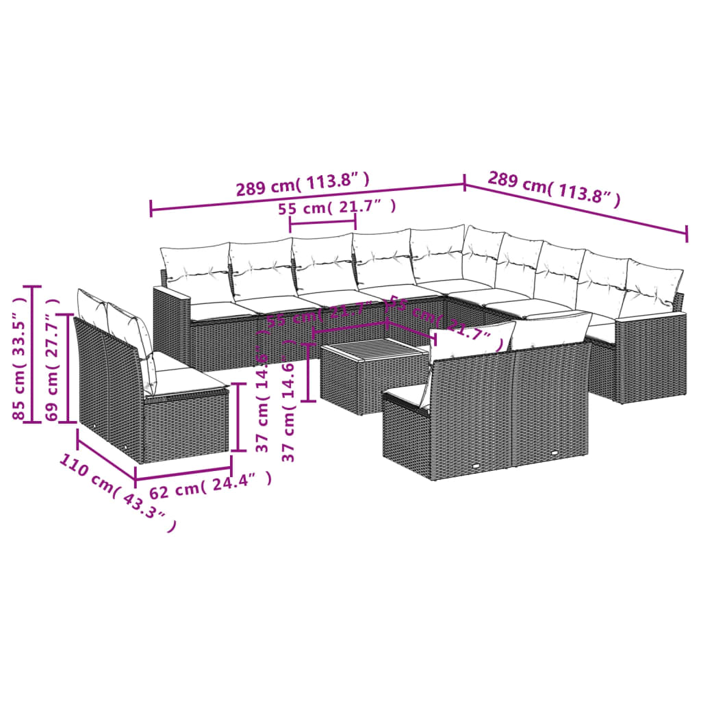 14-teiliges Gartensofa-Set mit Kissen, grau, Polyrattan