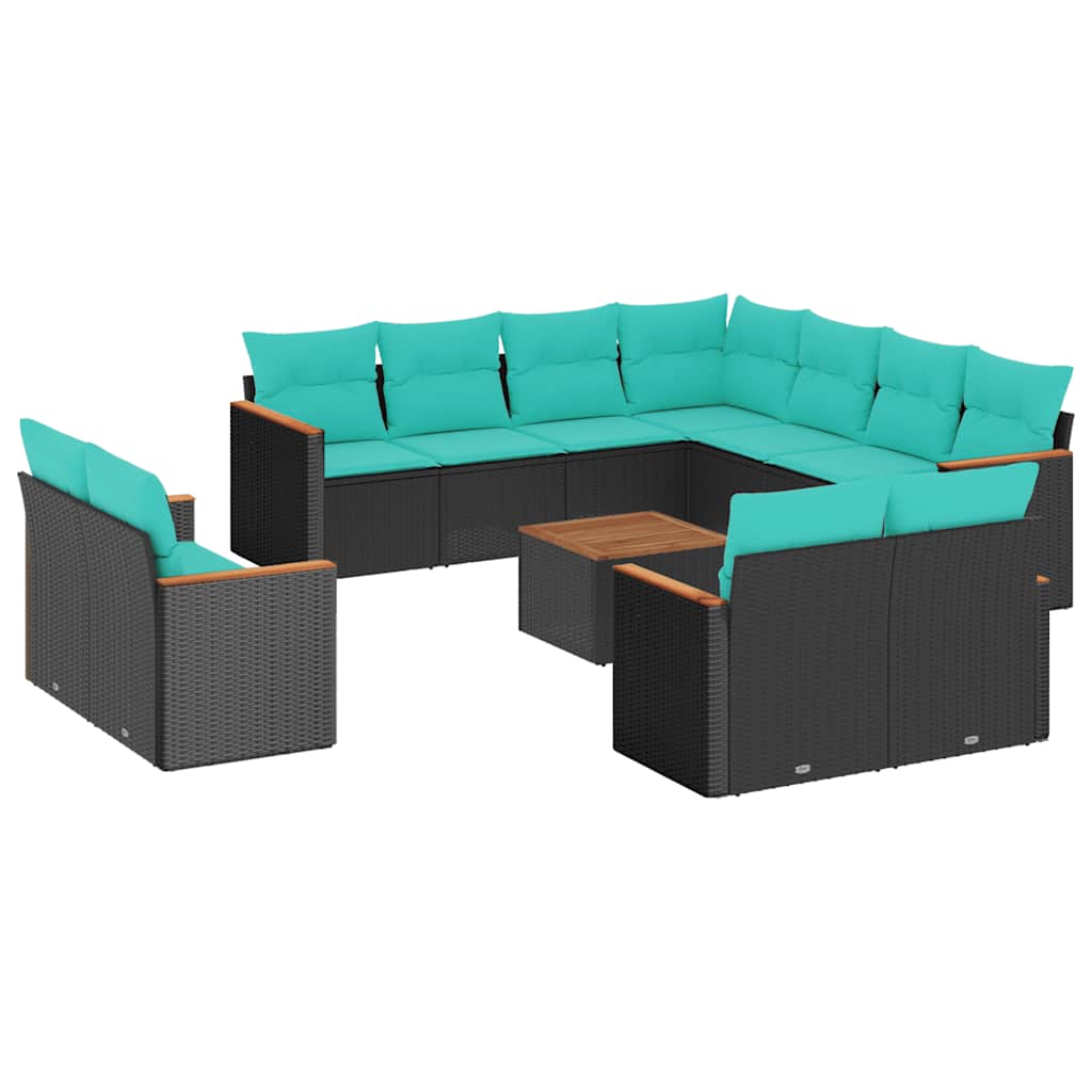 12-teiliges Gartensofa-Set mit Kissen, schwarzes Polyrattan