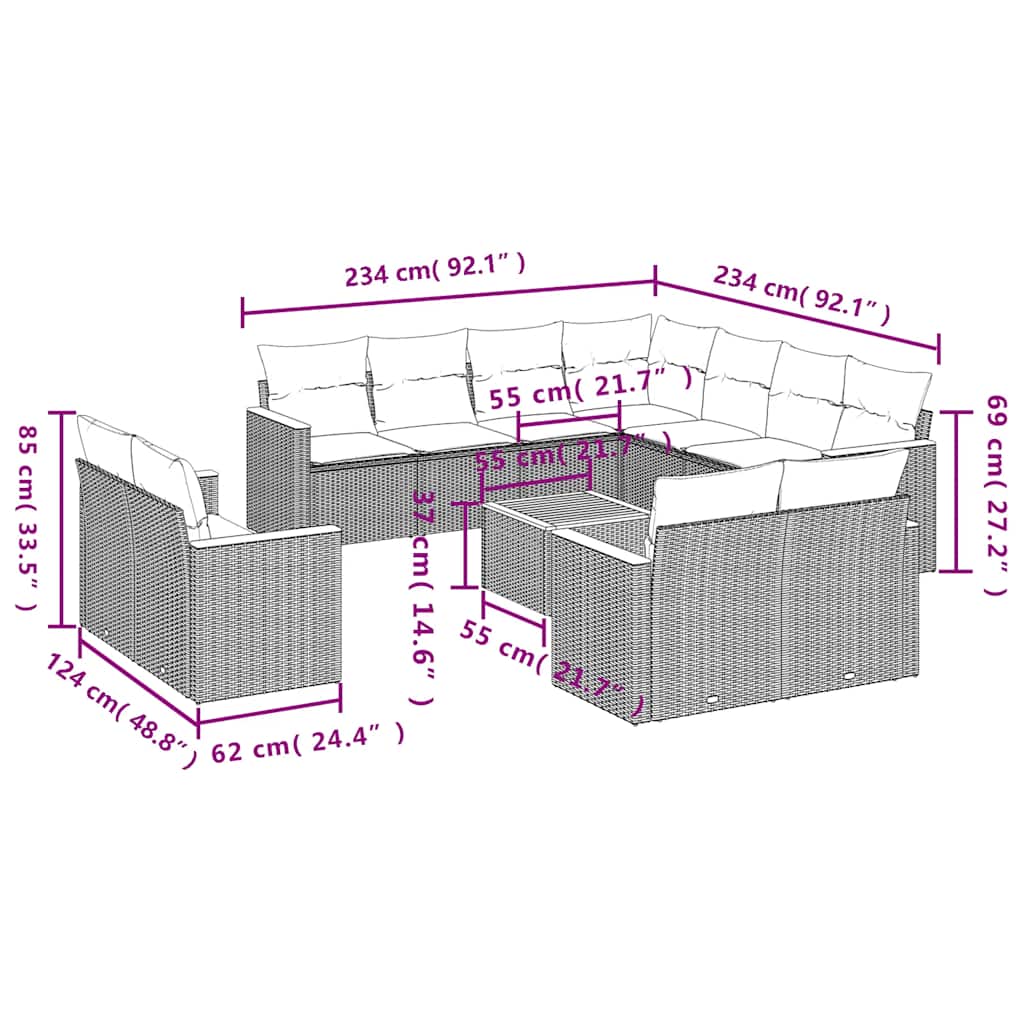 12-teiliges Gartensofa-Set mit Kissen, schwarzes Polyrattan