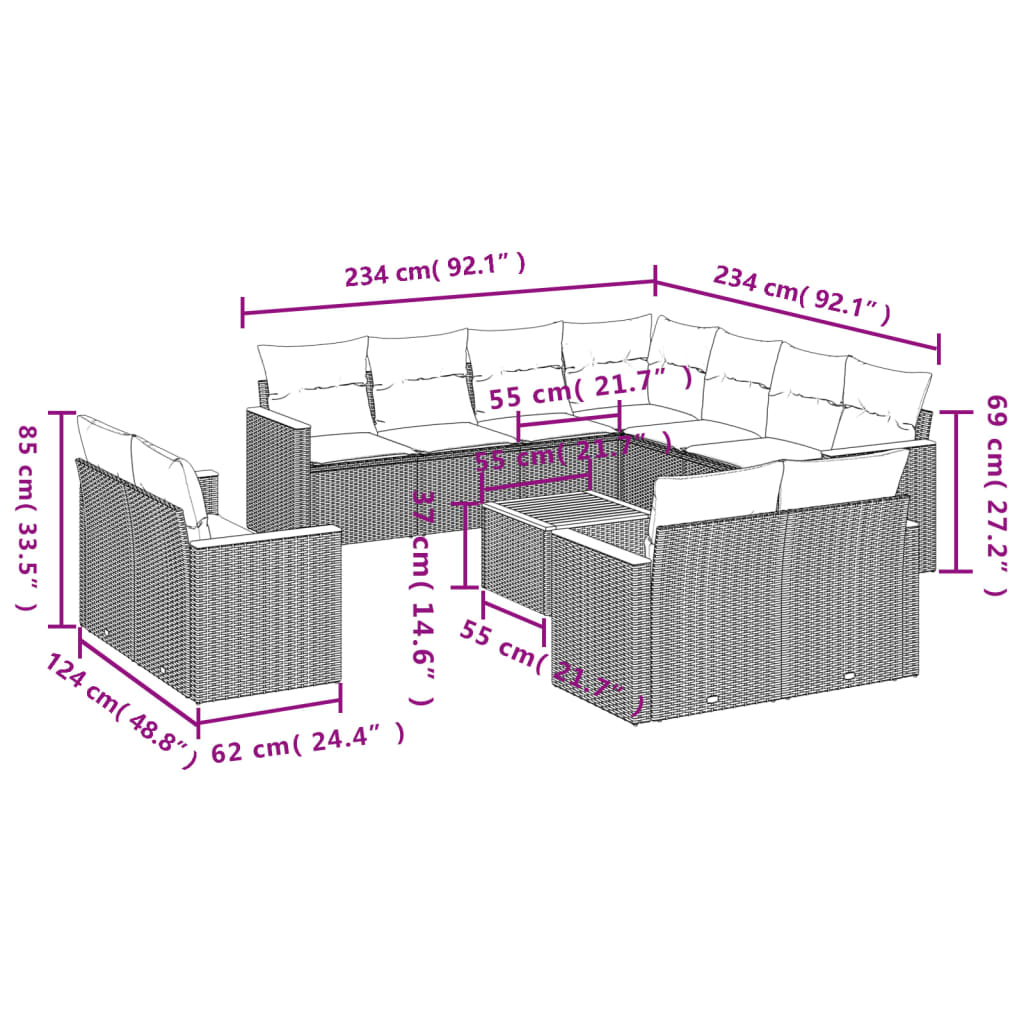 12-teiliges Gartensofa-Set mit Kissen, grau, Polyrattan
