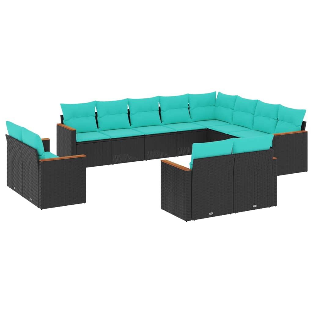 12-teiliges Gartensofa-Set mit Kissen, schwarzes Polyrattan