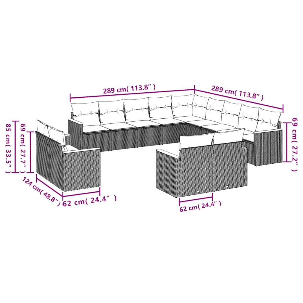 13-teiliges Gartensofa-Set mit Kissen, schwarzes Polyrattan