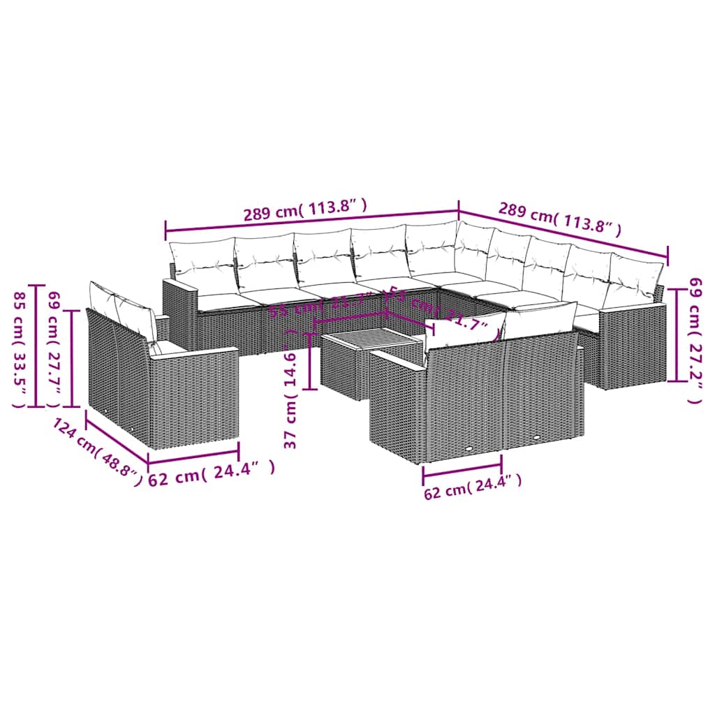14-teiliges Gartensofa-Set mit Kissen, schwarzes Polyrattan