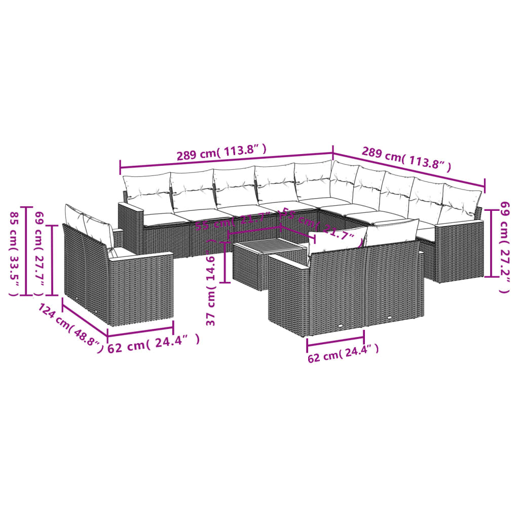 14-teiliges Gartensofa-Set mit Kissen, grau, Polyrattan