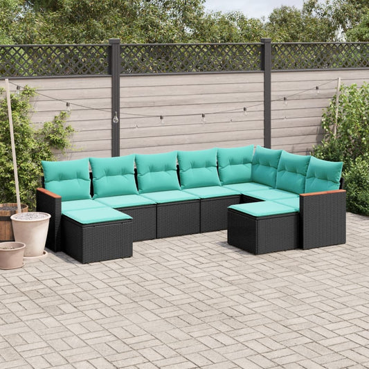 9-teiliges Gartensofa-Set mit Kissen, schwarzes Polyrattan