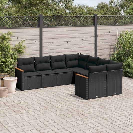 8-piece garden sofa set with cushions, black poly rattan