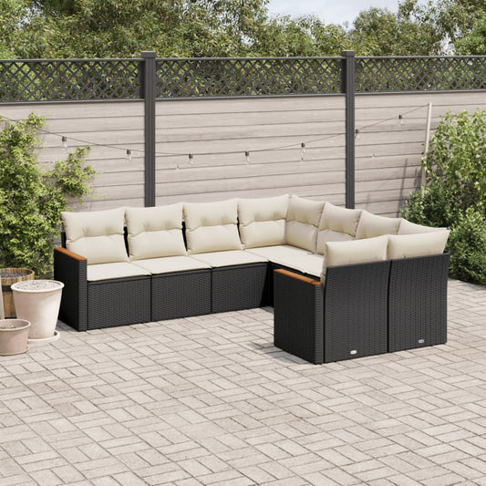 8-piece garden sofa set with cushions, black poly rattan