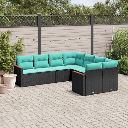 8-teiliges Gartensofa-Set mit Kissen, schwarzes Polyrattan