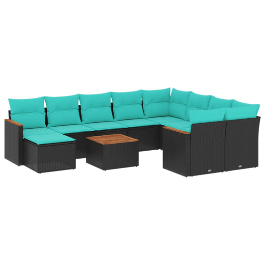 11-teiliges Gartensofa-Set mit Kissen, schwarzes Polyrattan