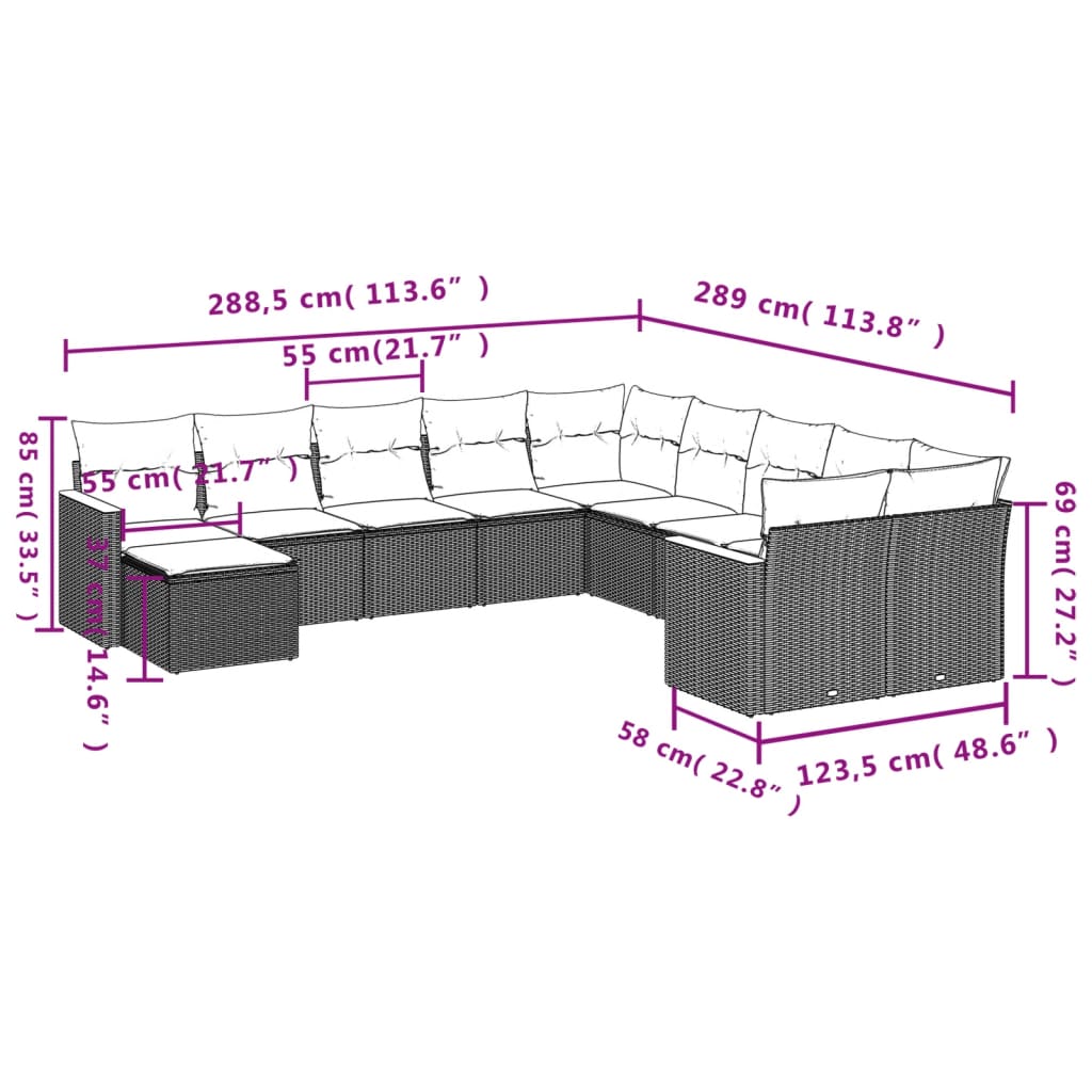 11-teiliges Gartensofa-Set mit Kissen, grau, Polyrattan
