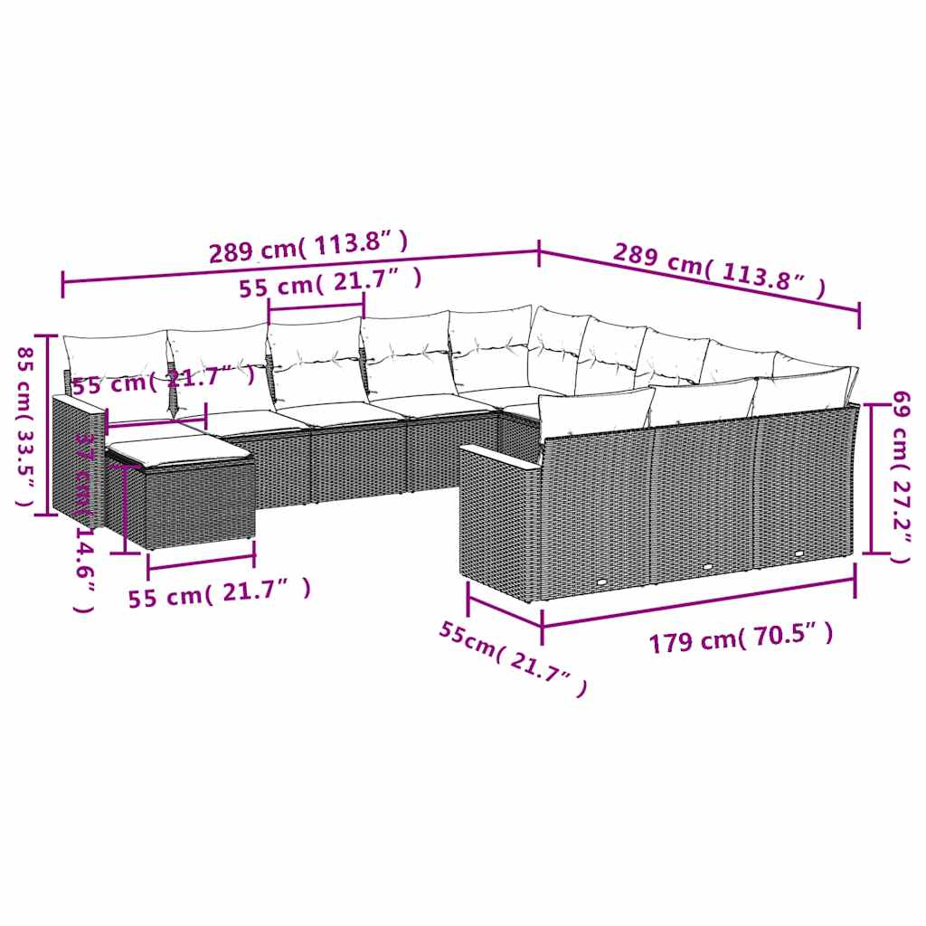12-tlg. Garten-Sofagarnitur mit Kissen Schwarz Poly Rattan