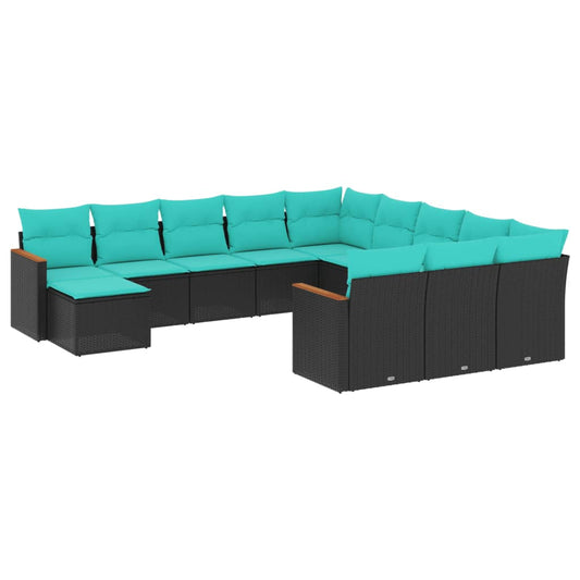 12-teiliges Gartensofa-Set mit Kissen, schwarzes Polyrattan