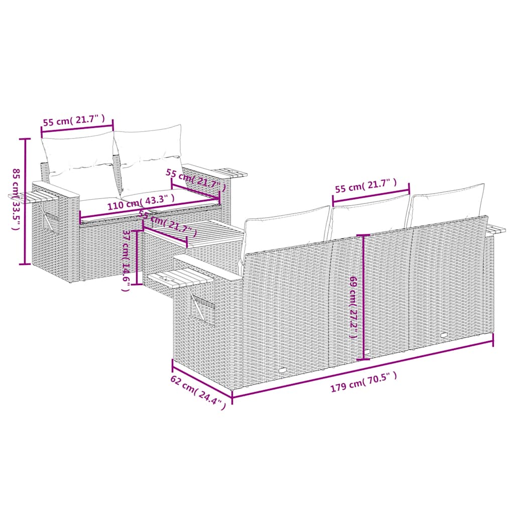 6-tlg. Garten-Sofagarnitur mit Kissen Grau Poly Rattan