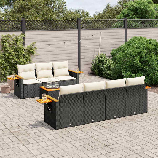8-piece garden sofa set with cushions, black poly rattan