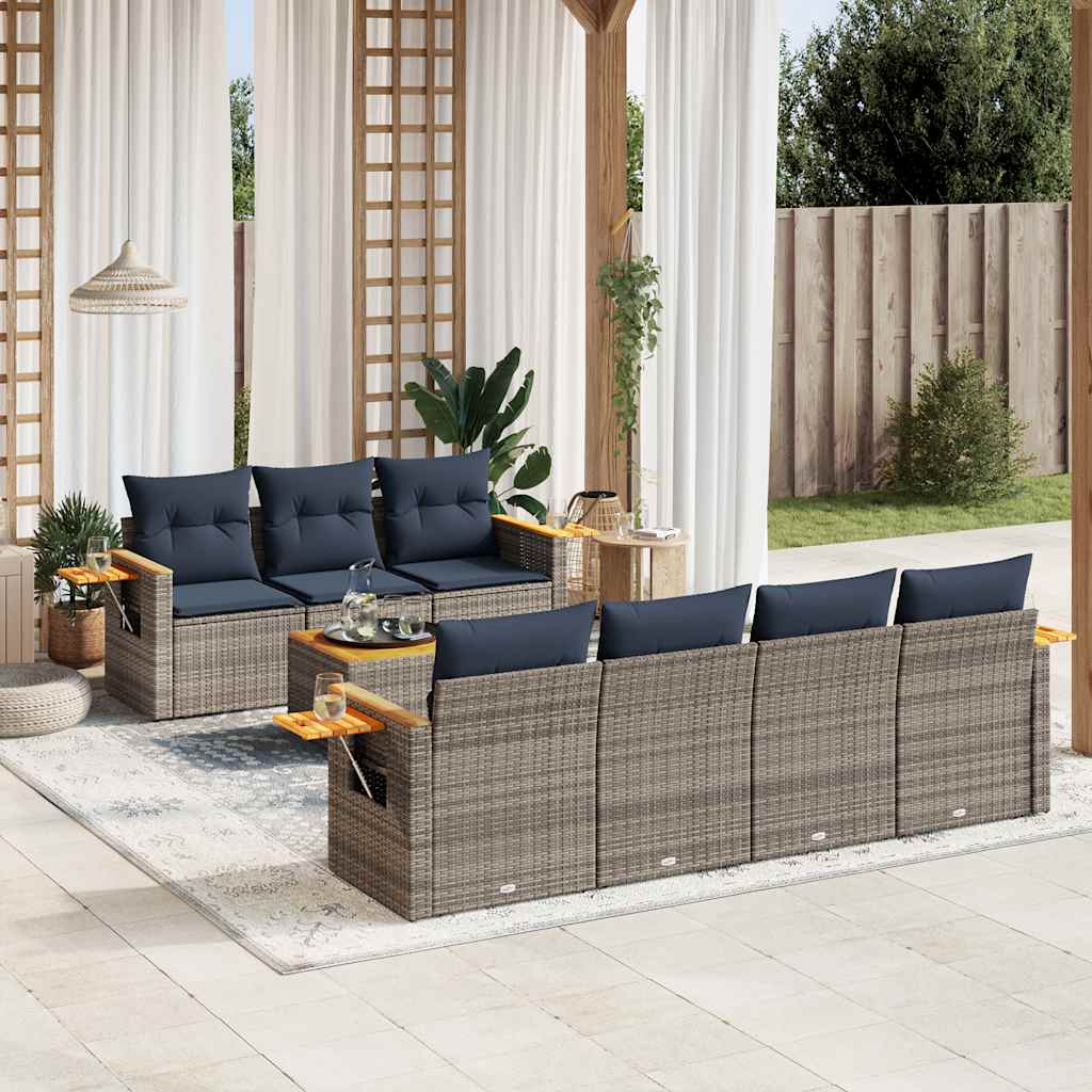 8-tlg. Garten-Sofagarnitur mit Kissen Grau Poly Rattan