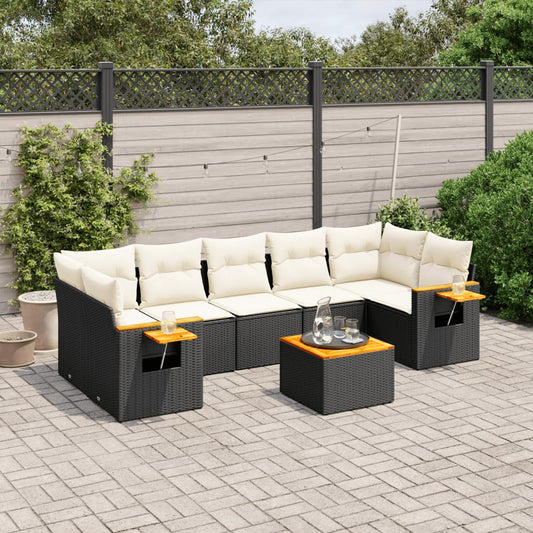 8-piece garden sofa set with cushions, black poly rattan