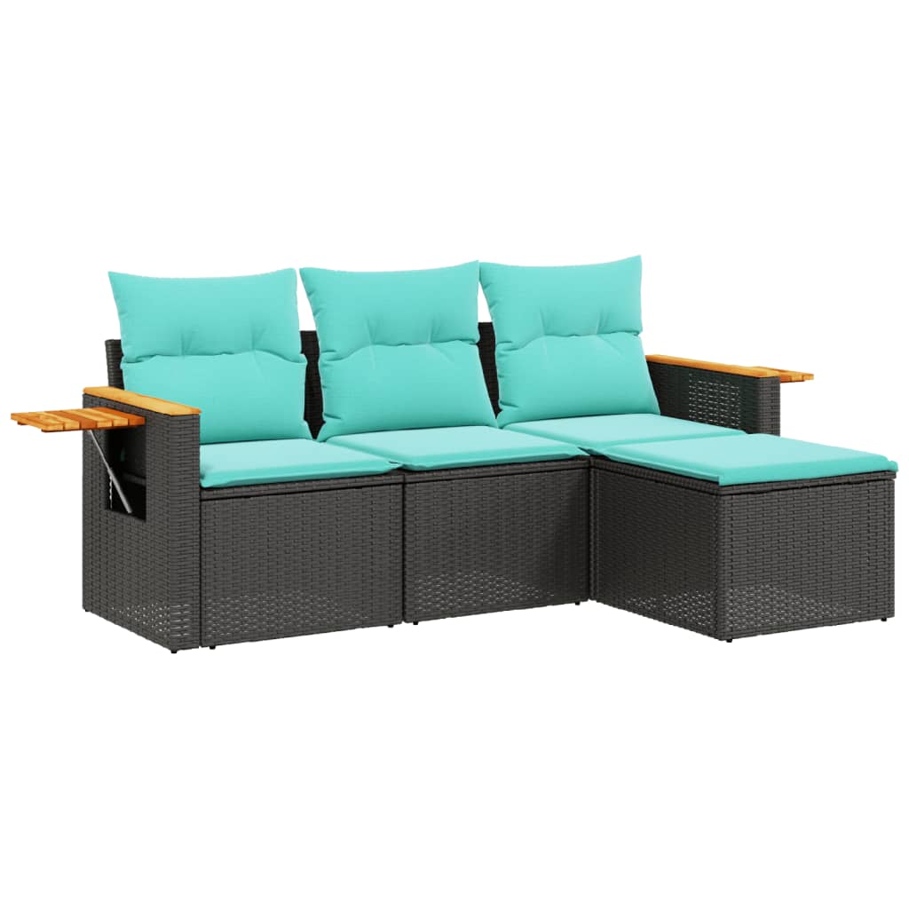 4-tlg. Garten-Sofagarnitur mit Kissen Schwarz Poly Rattan