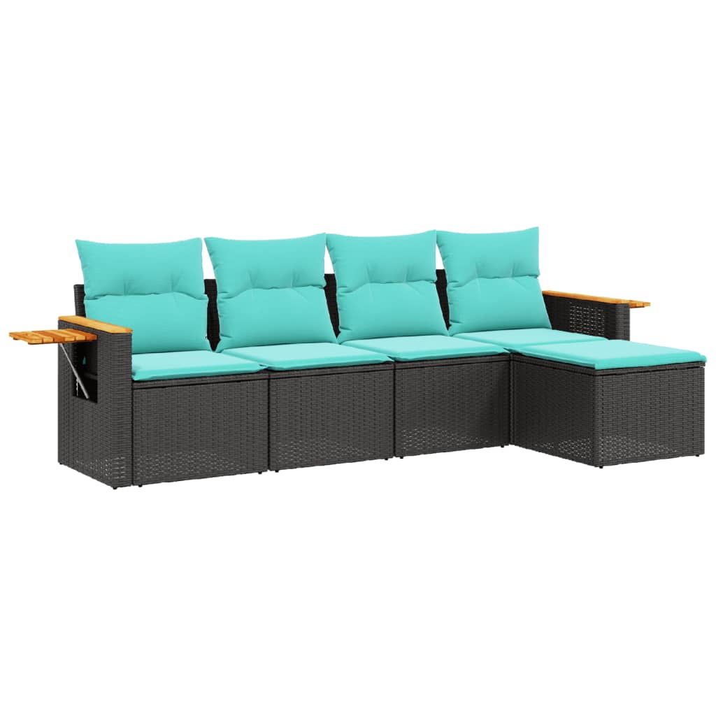 5-tlg. Garten-Sofagarnitur mit Kissen Schwarz Poly Rattan