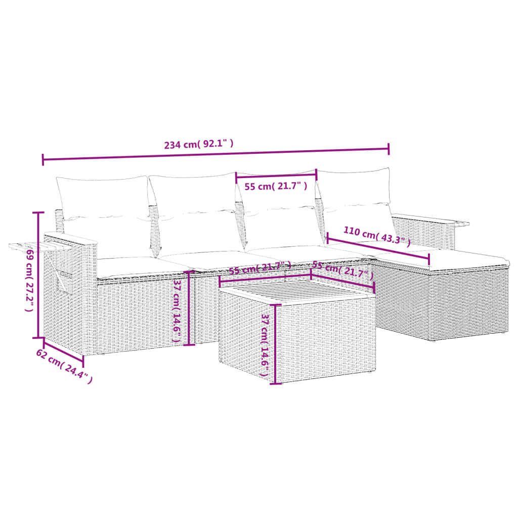 6-tlg. Garten-Sofagarnitur mit Kissen Grau Poly Rattan