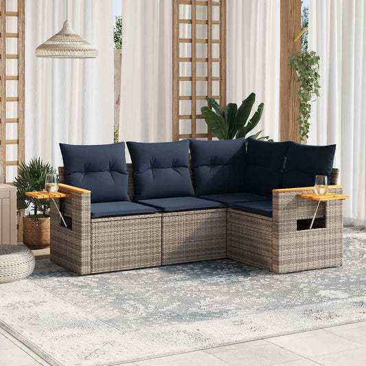 4-tlg. Garten-Sofagarnitur mit Kissen Grau Poly Rattan