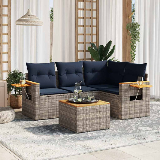 5-tlg. Garten-Sofagarnitur mit Kissen Grau Poly Rattan