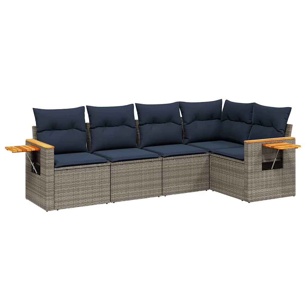 5-tlg. Garten-Sofagarnitur mit Kissen Grau Poly Rattan