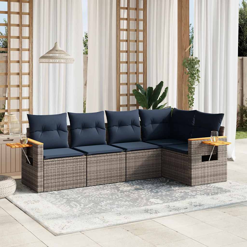 5-tlg. Garten-Sofagarnitur mit Kissen Grau Poly Rattan