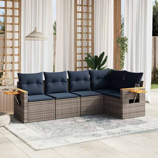 5-tlg. Garten-Sofagarnitur mit Kissen Grau Poly Rattan