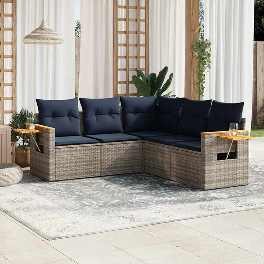 5-tlg. Garten-Sofagarnitur mit Kissen Grau Poly Rattan